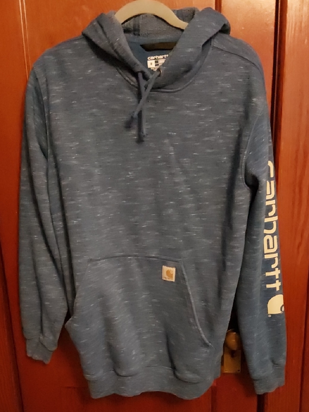 Carhartt Men’s Heathered Navy Blue Hooded Sweatshirt with Sleeve Logo